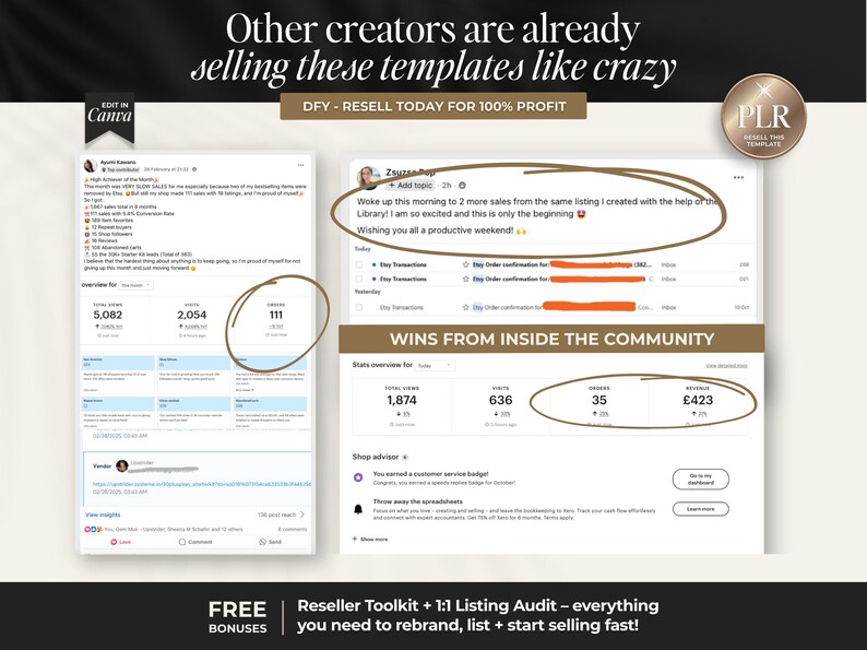 K&ouml;nnte beinhalten: Bild mit Etsy-Verk&auml;uferdaten und dem Text &bdquo;Andere Ersteller verkaufen diese Vorlagen bereits wie verr&uuml;ckt&ldquo;. Enth&auml;lt Screenshots von Verkaufsmetriken mit dem Text &bdquo;DFY - RESELL TODAY FOR 100% PROFIT&ldquo;.