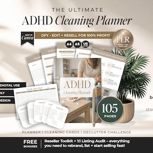 May include: An advertisement for an ADHD Cleaning Planner. The image features a collection of printable and digital planner pages, cleaning cards, and a declutter challenge guide. The design is minimalist with a neutral color palette, and includes the text "105 pages".
