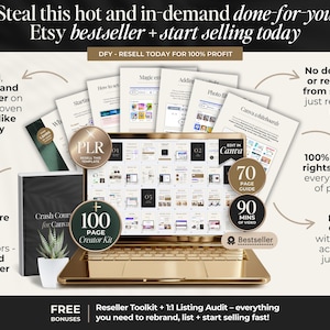 May include: A gold laptop displays a Canva interface with various documents and a 100-page creator kit. The image promotes an Etsy bestseller with resale rights, a 70-page guide, and 90 minutes of video. Text includes "Viral, in-demand bestseller" and "Start selling today."