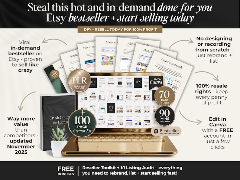 May include: A gold laptop displays a Canva interface with various documents and a 100-page creator kit. The image promotes an Etsy bestseller with resale rights, a 70-page guide, and 90 minutes of video. Text includes "Viral, in-demand bestseller" and "Start selling today."