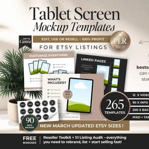 以下が含まれることがあります： Etsyリスト用のタブレット画面モックアップテンプレートのプロモーション画像。さまざまなモックアップ、情報バッジ、背景が含まれています。「編集、使用、または再販-100％利益」と「3月に更新された新しいEtsyサイズ！」というテキストが含まれています。