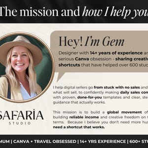 May include: An advertisement for Safaria Studio, featuring a smiling woman in a tan hat and jacket. Text includes "Hey! I'm Gem" and details about design experience and helping digital sellers. The studio logo is also visible.
