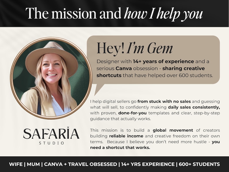 May include: An advertisement for Safaria Studio, featuring a smiling woman in a tan hat and jacket. Text includes "Hey! I'm Gem" and details about design experience and helping digital sellers. The studio logo is also visible.