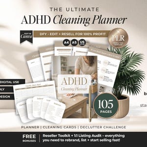 ADHD Cleaning Planner With PLR, Printable & Digital Cleaning Planner With Resell Rights, Done-for-you ADHD-friendly planner To Sell on Etsy