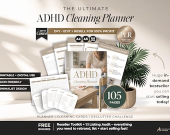 ADHD Cleaning Planner With PLR, Printable & Digital Cleaning Planner With Resell Rights, Done-for-you ADHD-friendly planner To Sell on Etsy