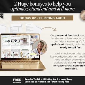 K&ouml;nnte beinhalten: Ein goldener Laptop zeigt eine Website mit Vorlagen. Das Bild enth&auml;lt ein Mikrofon, ein Frauenportr&auml;t und Text mit der Aufschrift "2 Huge bonuses to help you optimise, stand out and sell more". Der Text erw&auml;hnt auch einen 1:1-Listing-Audit.