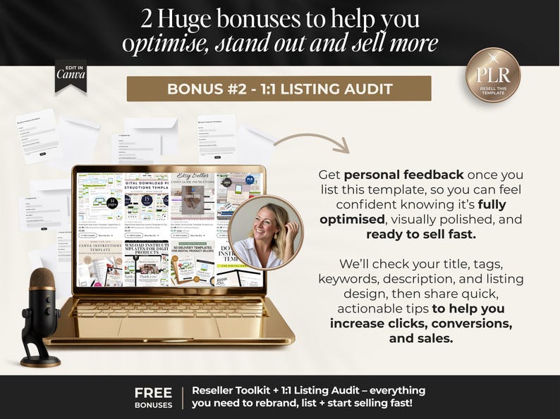 K&ouml;nnte beinhalten: Ein goldener Laptop zeigt eine Website mit Vorlagen. Das Bild enth&auml;lt ein Mikrofon, ein Frauenportr&auml;t und Text mit der Aufschrift "2 Huge bonuses to help you optimise, stand out and sell more". Der Text erw&auml;hnt auch einen 1:1-Listing-Audit.