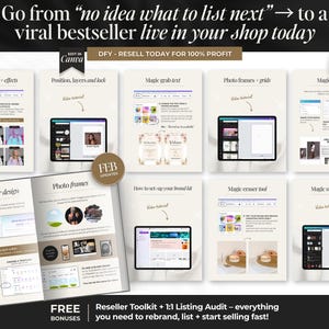 May include: A promotional image with the text "Go from 'no idea what to list next' to a viral bestseller live in your shop today." It showcases various digital product templates, including photo filters, design guides, and a reseller toolkit. The image is designed to help users rebrand, list, and start selling.