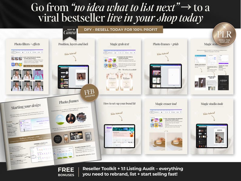 May include: A promotional image with the text "Go from 'no idea what to list next' to a viral bestseller live in your shop today." It showcases various digital product templates, including photo filters, design guides, and a reseller toolkit. The image is designed to help users rebrand, list, and start selling.