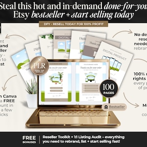 K&ouml;nnte beinhalten: Ein goldener Laptop zeigt digitale Produktvorlagen, umgeben von Beispielseiten und einer kleinen Pflanze. Der Text enth&auml;lt "Etsy Bestseller" und "100 Seiten". Das Bild wirbt f&uuml;r ein Reseller-Toolkit mit kostenlosen Boni und 100 % Wiederverkaufsrechten.