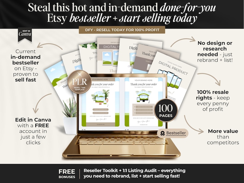 K&ouml;nnte beinhalten: Ein goldener Laptop zeigt digitale Produktvorlagen, umgeben von Beispielseiten und einer kleinen Pflanze. Der Text enth&auml;lt "Etsy Bestseller" und "100 Seiten". Das Bild wirbt f&uuml;r ein Reseller-Toolkit mit kostenlosen Boni und 100 % Wiederverkaufsrechten.