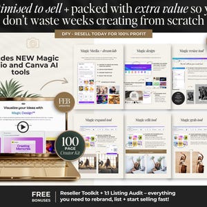 May include: A gold laptop displays a website interface with the text "Magic Design." The image includes several pages with titles like "Magic Media," "Magic Design," and "Magic Resize Tool." Text on the image includes "100 Page Creator Kit" and "DFY - RESELL TODAY FOR 100% PROFIT."
