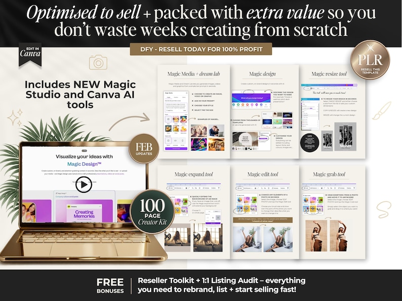 May include: A gold laptop displays a website interface with the text "Magic Design." The image includes several pages with titles like "Magic Media," "Magic Design," and "Magic Resize Tool." Text on the image includes "100 Page Creator Kit" and "DFY - RESELL TODAY FOR 100% PROFIT."