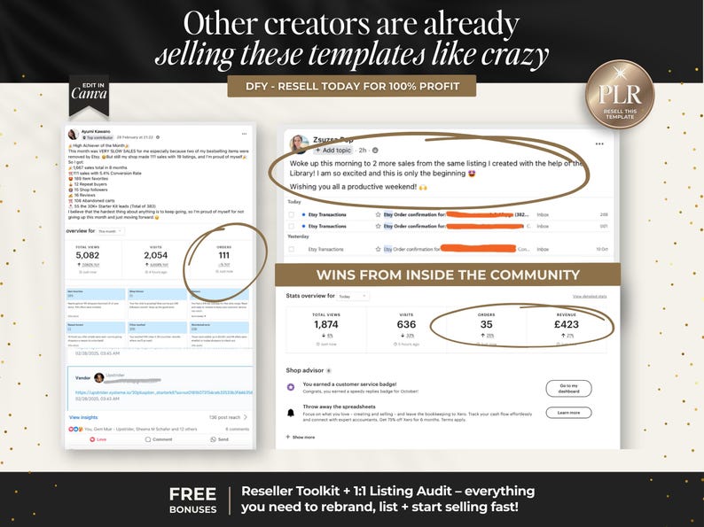 May include: Image showcasing Etsy shop performance metrics, including views, visits, and orders. The text highlights the success of reselling templates, with the phrase "Other creators are already selling these templates like crazy." Includes the Canva logo.