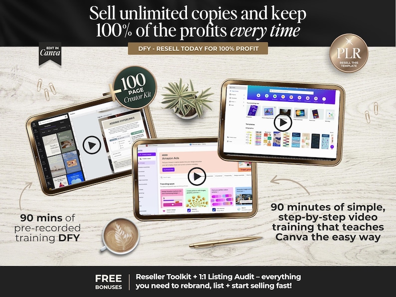 May include: An image showcasing three tablets with gold frames displaying Canva tutorials and marketing materials. Text includes "Sell unlimited copies and keep 100% of the profits." Additional text highlights a 100-page creator kit and 90 minutes of video training.