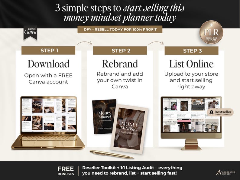 K&ouml;nnte beinhalten: Ein digitaler Produktleitfaden mit dem Titel 3 simple steps to start selling this money mindset planner today. Er zeigt einen goldenen Laptop, einen goldenen Stift, ein Planer-Cover und einen Monitor mit Schritten zum Download und Verkauf.