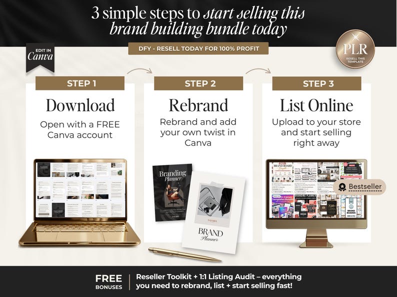 May include: An image promoting a brand-building bundle with the text "3 simple steps to start selling this brand building bundle today." The steps are "Download," "Rebrand," and "List Online." Includes a laptop, books, and a computer monitor.