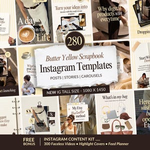 May include: A collection of butter yellow scrapbook Instagram templates featuring various layouts for posts, stories, and carousels. The design includes text overlays, coffee imagery, and lifestyle photography, with a central title reading Butter Yellow Scrapbook Instagram Templates.