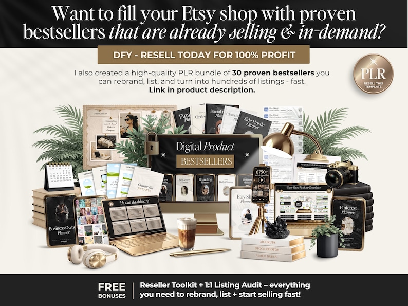 Może przedstawiać: Obraz marketingowy dla sklepu Etsy z tekstem "Want to fill your Etsy shop with proven bestsellers that are already selling & in-demand?" i "DFY - RESELL TODAY FOR 100% PROFIT". Obraz zawiera laptopa, telefon, książki i makiety produkt&oacute;w cyfrowych.