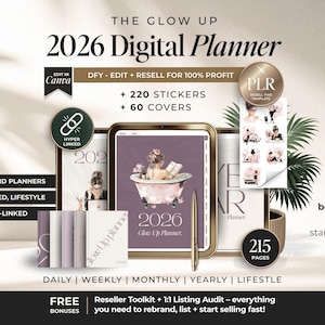 2026 Glow Up Digital Planner Hyperlinked With PLR, Aesthetic Digital Planner Bundle with Resell Rights, DFY 2026 Glow Up Planner with PLR