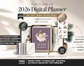 2026 Glow Up Digital Planner Hyperlinked With PLR, Aesthetic Digital Planner Bundle with Resell Rights, DFY 2026 Glow Up Planner with PLR