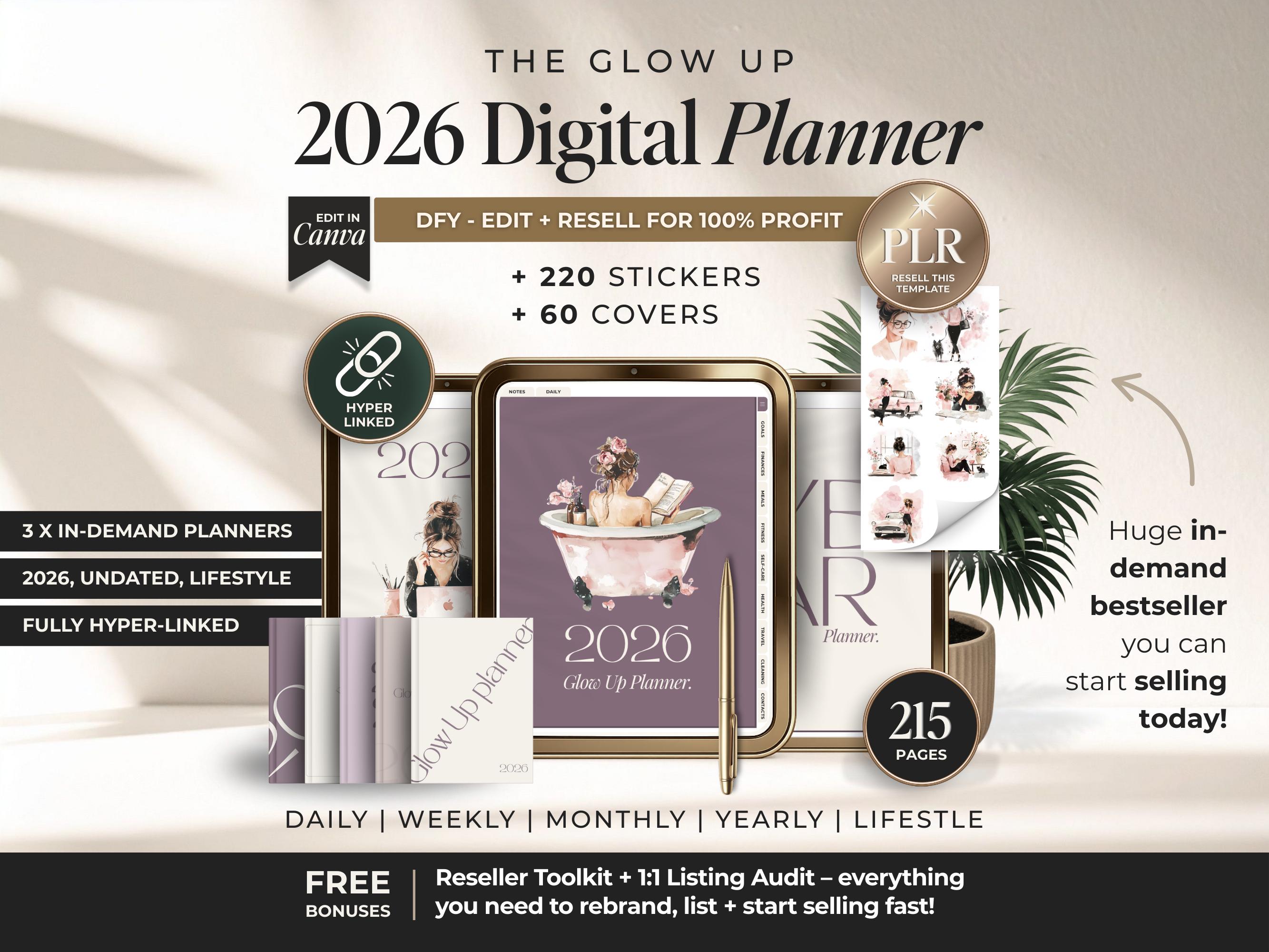 2026 Glow up Digital Planner Hyperlinked With PLR, Aesthetic Digital ...