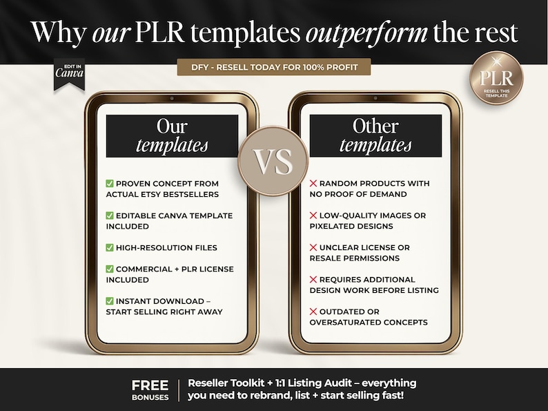 K&ouml;nnte beinhalten: Eine Werbung, die &bdquo;Unsere Vorlagen&ldquo; mit &bdquo;Andere Vorlagen&ldquo; f&uuml;r PLR-Produkte vergleicht. Das Bild zeigt zwei gerahmte Anzeigen mit Text, der Funktionen wie bew&auml;hrte Konzepte, bearbeitbare Vorlagen und hochaufl&ouml;sende Dateien hervorhebt. Der Text enth&auml;lt auch &bdquo;DFY - RESELL TODAY FOR 100% PROFIT&ldquo;.