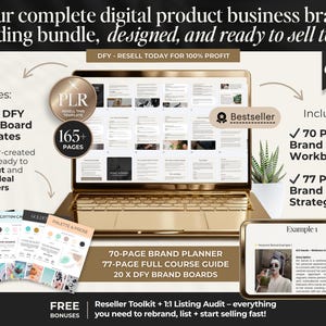 May include: A gold laptop displays a digital product business brand building bundle, with the text "designed, and ready to sell today." Includes 20 brand board templates, a brand planner workbook, and a brand strategy guide.