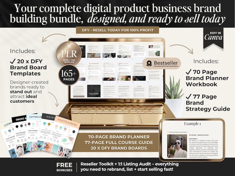 May include: A gold laptop displays a digital product business brand building bundle, with the text "designed, and ready to sell today." Includes 20 brand board templates, a brand planner workbook, and a brand strategy guide.