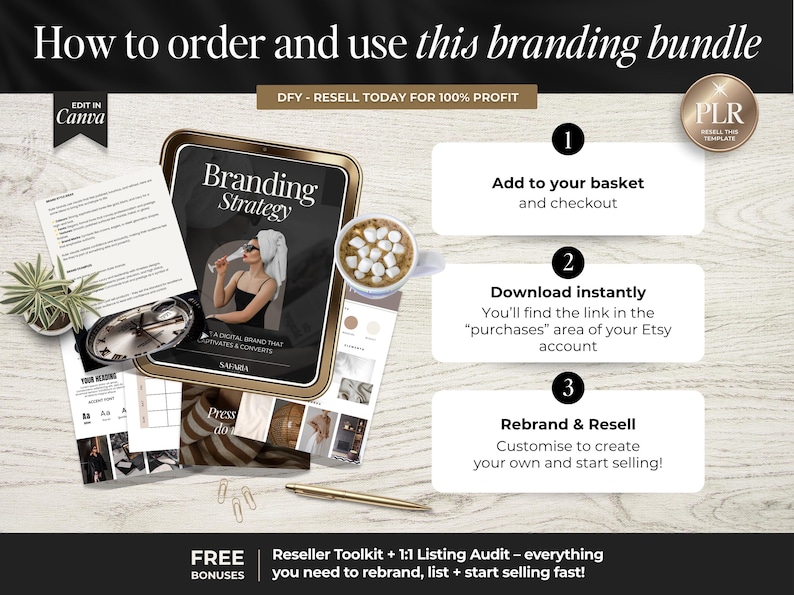 May include: An overhead shot of a branding bundle with instructions. The image includes a tablet with the words "Branding Strategy", a cup of coffee, and a pen. Text on the image reads "How to order and use this branding bundle".