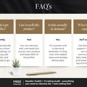 K&ouml;nnte beinhalten: Infografik mit der &Uuml;berschrift "FAQ's" und vier Abschnitten mit Fragen und Antworten. Die Fragen lauten: "Wie bekomme ich meine Dateien?", "Kann ich dieses Produkt weiterverkaufen?" Ein kleiner Topf mit Pflanze und ein goldener Stift sind ebenfalls zu sehen.