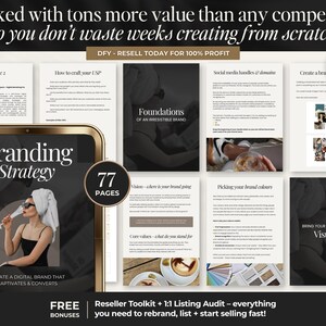 May include: A digital branding strategy guide with 77 pages, presented on a tablet. The image includes the text "Branding Strategy" and "Create a digital brand that captivates & converts." Additional pages cover topics like social media and brand foundations.