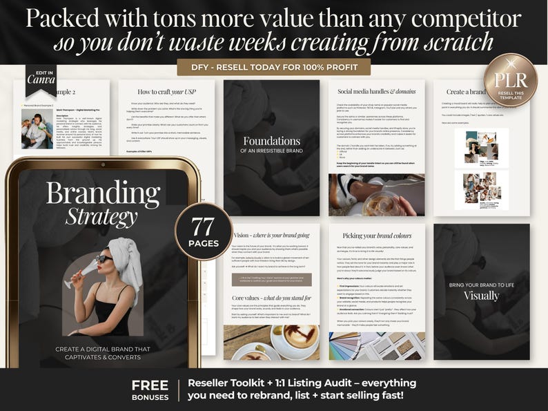 May include: A digital branding strategy guide with 77 pages, presented on a tablet. The image includes the text "Branding Strategy" and "Create a digital brand that captivates & converts." Additional pages cover topics like social media and brand foundations.