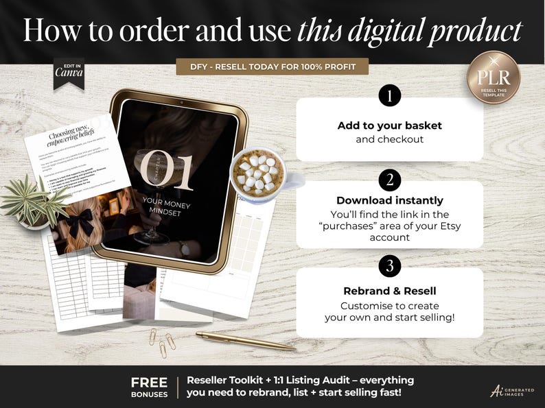K&ouml;nnte beinhalten: Eine digitale Produktanleitung mit dem Titel How to order and use this digital product. Sie zeigt ein Tablet mit der Anzeige Chapter 01 Your Money Mindset, eine Tasse Kakao und drei nummerierte Schritte zum Kauf, Download und zur Umgestaltung der PLR-Inhalte.