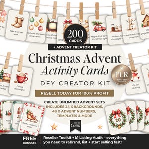 Peut inclure: Un ensemble de 200 cartes d'activités de l'Avent de Noël et un kit de création avec des illustrations à l'aquarelle de scènes de fêtes. Les cartes sont suspendues à des pinces à linge en bois sur une ficelle, avec des cartes numérotées.