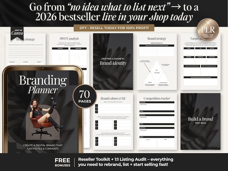 May include: A digital branding planner with 70 pages, displayed on a gold-framed tablet. The image includes worksheets for brand strategy, SWOT analysis, and competition tracking. Text includes "Create a digital brand that captivates & converts."