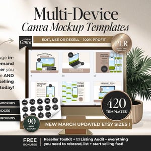 Mallar för Canva-mockups för flera enheter för digitala produktlistningar, DFY-mockups för responsiva skärmar för bärbar dator, telefon och surfplatta med PLR