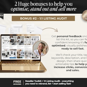 Peut inclure: Un ordinateur portable dor&eacute; affiche un site web avec des mises en page de type journal, accompagn&eacute; d'un microphone. Le texte comprend : "2 Huge bonuses to help you optimise, stand out and sell more" et "BONUS #2 - 1:1 LISTING AUDIT". Un portrait de femme est dans un cercle.