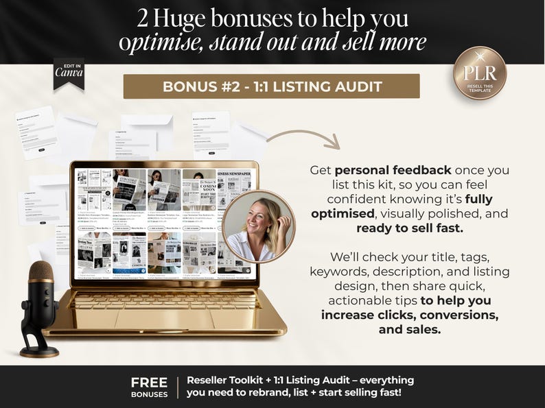 Peut inclure: Un ordinateur portable dor&eacute; affiche un site web avec des mises en page de type journal, accompagn&eacute; d'un microphone. Le texte comprend : "2 Huge bonuses to help you optimise, stand out and sell more" et "BONUS #2 - 1:1 LISTING AUDIT". Un portrait de femme est dans un cercle.