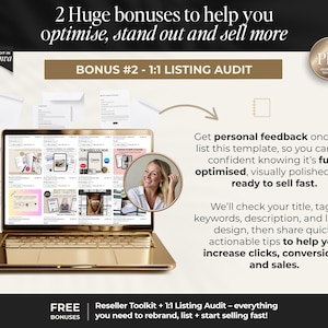 May include: A gold laptop displays a website with product images, next to a black microphone. The image includes text about a listing audit, with a woman's portrait. The text says "optimise, stand out and sell more."