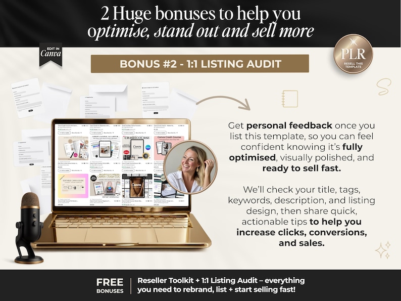 May include: A gold laptop displays a website with product images, next to a black microphone. The image includes text about a listing audit, with a woman's portrait. The text says "optimise, stand out and sell more."