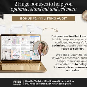 May include: A gold laptop displays a digital planner, with a microphone in front. The image promotes a listing audit service, with text that reads "optimise, stand out and sell more." A woman's photo is in a circle.