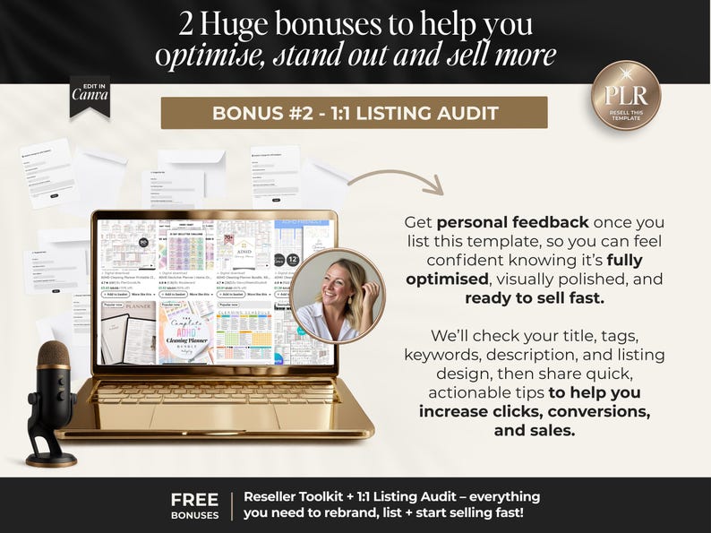 May include: A gold laptop displays a digital planner, with a microphone in front. The image promotes a listing audit service, with text that reads "optimise, stand out and sell more." A woman's photo is in a circle.
