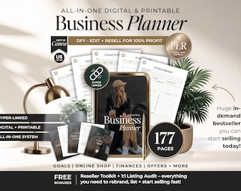 Digital Business Planner Hyperlinked with PLR, Online Business Organizer, Etsy Seller Planner Digital & Printable Editable Canva Template