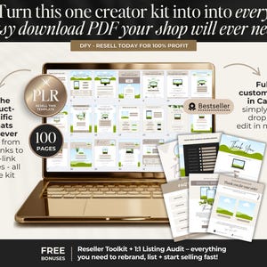 K&ouml;nnte beinhalten: Ein goldener Laptop zeigt ein digitales Produkt-Kit mit 100 Seiten, anpassbar in Canva. Das Bild enth&auml;lt den Text "Etsy download PDF your shop will ever need" und "Resell this template". Zus&auml;tzliche Dokumente sind abgebildet.