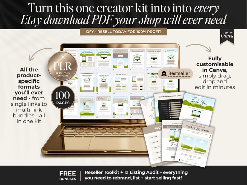 K&ouml;nnte beinhalten: Ein goldener Laptop zeigt ein digitales Produkt-Kit mit 100 Seiten, anpassbar in Canva. Das Bild enth&auml;lt den Text "Etsy download PDF your shop will ever need" und "Resell this template". Zus&auml;tzliche Dokumente sind abgebildet.