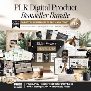 May include: A digital product bundle featuring a computer monitor, laptop, smartphone, and various printed guides. Text includes PLR Digital Product Bestseller Bundle, Edit in Canva, 30 Proven Bestsellers to Edit + Sell Today, and Free Bonuses.