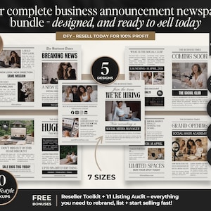 Peut inclure: Ensemble de mod&egrave;les de journaux d'annonces commerciales, avec des dimensions telles que 61x28 cm et 43x28 cm. Le design pr&eacute;sente un style de journal vintage, avec des titres tels que "Breaking News" et "We're Hiring".