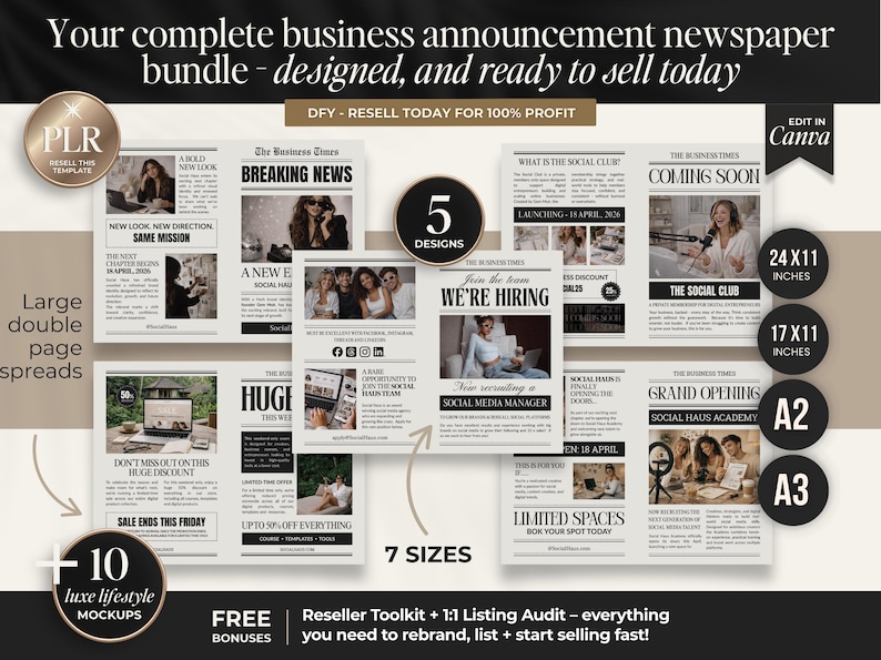 Peut inclure: Ensemble de mod&egrave;les de journaux d'annonces commerciales, avec des dimensions telles que 61x28 cm et 43x28 cm. Le design pr&eacute;sente un style de journal vintage, avec des titres tels que "Breaking News" et "We're Hiring".