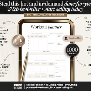 May include: A digital workout planner displayed on a gold-framed tablet. The planner includes sections for weekly workout overviews, schedules, and goals. Text on the image includes "Bestseller," "1000 pages," and "Edit in Canva."